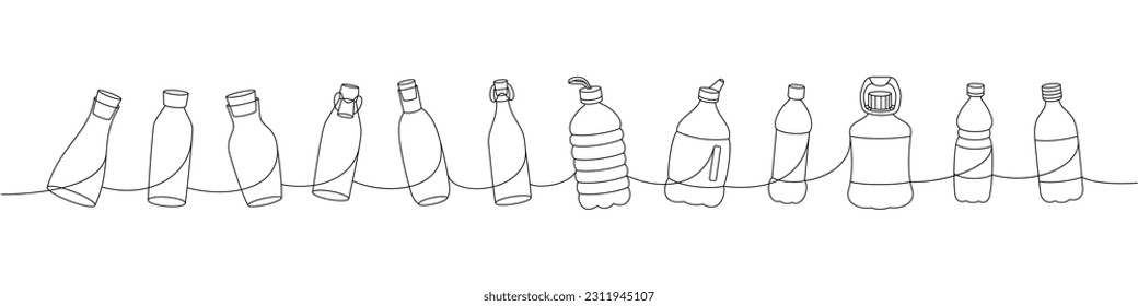 Bottles one line continuous drawing. Empty glass and plastic bottles continuous one line illustration. Vector minimalist linear illustration.