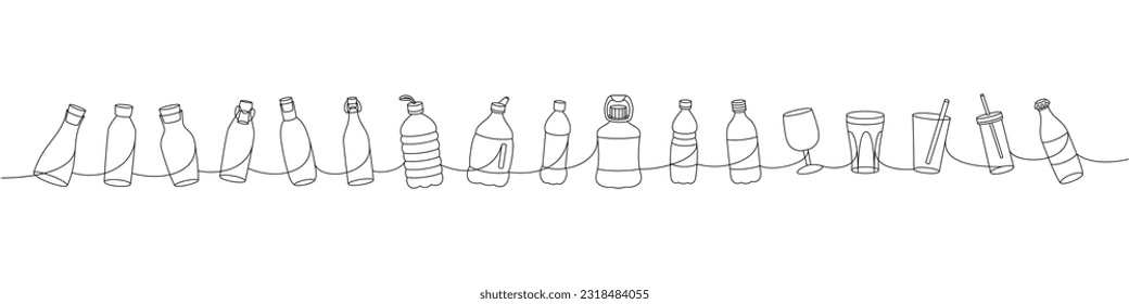 Bottles one line continuous drawing. Empty glass and plastic bottles, glass beakers continuous one line illustration. Vector linear illustration.