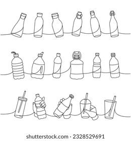 Bottles one line continuous drawing. Different types of bottles continuous one line illustration. Vector minimalist linear illustration.