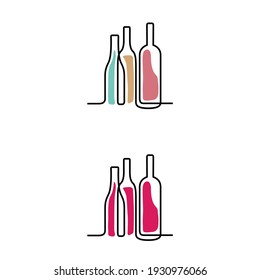 Bottles one line logo containing colored liquid. Vector icon.