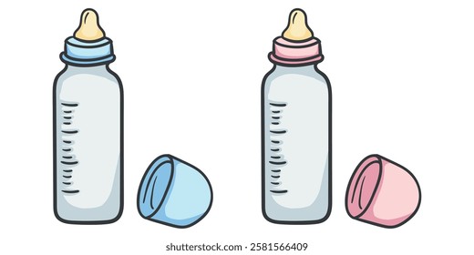 Bottles with pacifier for boys and girls. Color vector illustration isolated on white background. Editable image for children's book, sticker, poster