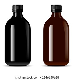 Bottles pack for medical products, vape e liquid, oil, serum and essence. Black glass and amber glass cosmetic bottles mockup. High quality eps10 vector illustration.
