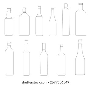 Bottles pack in various shapes and sizes, outlined in black contour for a distinct graphic look. Vector illustration
