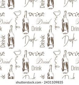 Bottles pattern stylized wine or alcohol and text Drink on white background. Vector illustration