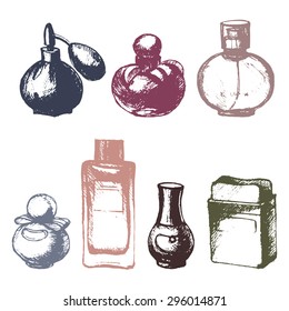 The bottles of perfume drawn by hand with a pencil. Vector illustration.