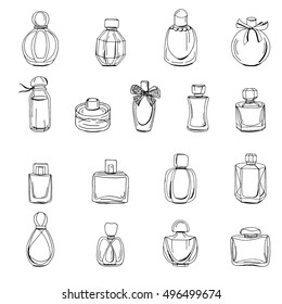 Botellas de perfume aisladas en blanco. Objetos de contorno en blanco y negro