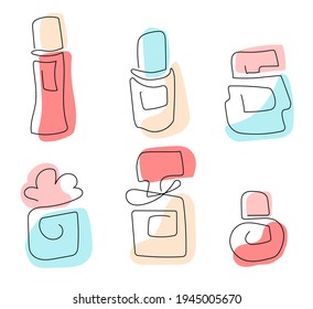 Bottles of perfume in pastel colors on white background. Line art vector illustration for banners, shop sales, prints, posters, etc