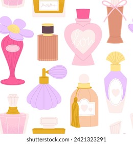 Bottles perfume seamless pattern. Beauty glass flasks, aromatic water in fashion bottle and vials. Cosmetic fabric print design, racy vector background