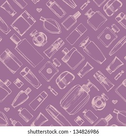 Bottles of perfume seamless pattern hand-drawn. Bottles of cosmetic products. Vector illustration.