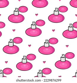 Bottles of perfume seamless pattern. Vector Illustration for printing, backgrounds, covers and packaging. Image can be used for greeting cards, stickers and textile. Isolated on white background.