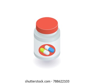 Bottles with pills and capsules icon. Vector illustration in flat isometric 3D style.