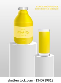 Bottles of pineapple or lemon juice. Vector illustration. Juice bottle mockup.