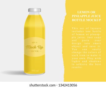 Bottles of pineapple or lemon juice. Vector illustration. Juice bottle mockup.