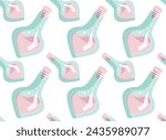 Bottles with pink love potion. Hand-drawn magical attributes. Seamless vector pattern for backgrounds and prints.