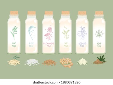 Bottles of plant based vegan plant milk set. Oat, rice, buckwheat, soy, hemp, sesame with seeds. Vector illustration of vegan, vegetarian product of alternative healthy milk with label