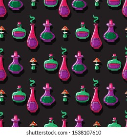Bottles with poison. Halloween vector illustration. Hand drawn style. Seamless pattern for wallpaper, banner, fabric, wrapping paper.