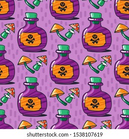 Bottles with poison and mushrooms. Halloween vector illustration. Hand drawn style. Seamless pattern for wallpaper, banner, fabric, wrapping paper.
