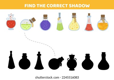 Bottles of potion. Find the correct shadow. Halloween. Shadow matching game. Flat, cartoon. Isolated vector illustration eps 10