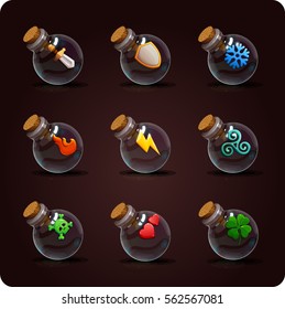 Bottles of potion. Game icon of magic elixir. Vector design for app user interface