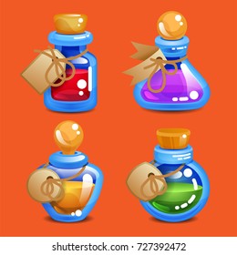 Bottles of potion. Halloween elements. Vector illustration.