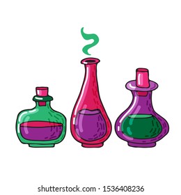 Bottles with potion isolated on white background. Halloween vector illustration. Hand drawn style. Design elements for poster, greeting card, banner, leaflet.