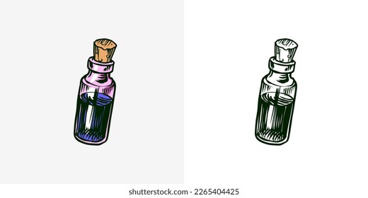 Bottles with potion. Nostrum or arcanum. Vintage engraving sketch. Doodle outline. Hand drawing.