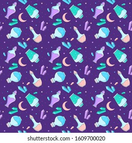 Bottles with potion. Pattern magic elixir. Design for app user interface. Design elements. Vector illustration.