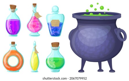 Bottles of potion and a witch's cauldron. A set of isolated objects on a white background. Cartoon style. Vector illustration.