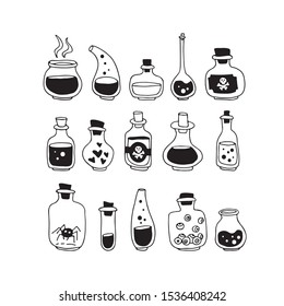 Bottles with potions. Halloween vector illustration. Hand drawn style. Design elements for poster, greeting card, banner, leaflet.