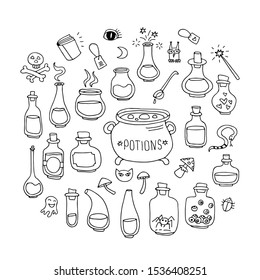 Bottles with potions. Halloween vector illustration. Hand drawn style. Design elements for poster, greeting card, banner, leaflet.