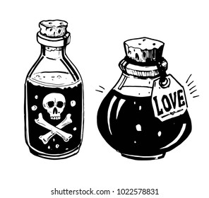 Bottles with potions. Poison and love potions. Hand drawn illustration converted to vector.