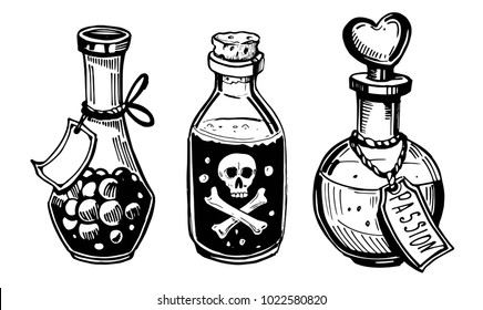 Bottles with potions. Poison and love potions. Hand drawn illustration converted to vector.