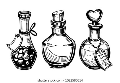 Bottles with potions. Poison and love potion. Hand drawn illustration converted to vector.