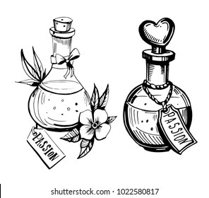 Bottles and potions  Poison   love potion  Hand drawn illustration converted to vector 