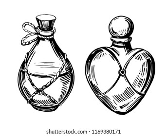 Bottles with potions. Poison and love potion. Hand drawn illustration converted to vector.