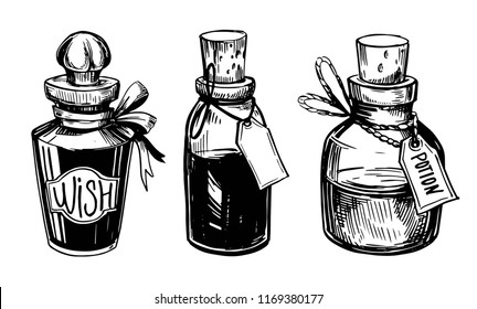 Bottles with potions. Poison and love potion. Hand drawn illustration converted to vector.