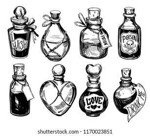 Bottles with potions. Poison and love potion. Hand drawn illustration converted to vector.