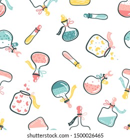 Bottles with potions. Poison and love potion. Cartoon hand-drawn vector seamless pattern in cute scandinavian style. Pastel colors isolated on white background