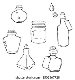 Bottles with potions. Poison and love potion. Hand drawn illustration converted to vector.