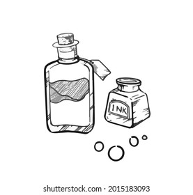 Bottles with potions. Poison and love potion. Hand drawn illustration converted to vector.