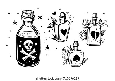 Bottles with potions. Poison and love potion. Hand drawn illustration converted to vector.