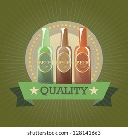 Bottles of Premium Quality Beer on vintage background. Vector illustration