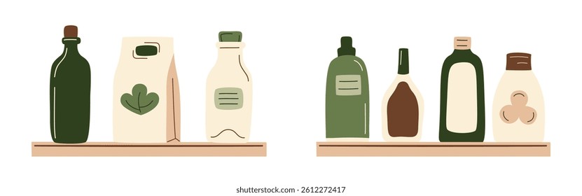 Bottles products set, drinks, milk, juice in package, oil, sauce, paper bag on shelf in a row from supermarket. Zero-waste packaging for eco-friendly design. Vector illustration in organic flat style.