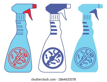 Bottles with prohibition bacterium sign. Household chemical bottles. Disinfection sprays in blue color. Disinfectant containers with antibacterial liquid. Washing or alcohol spray. Vector isolated
