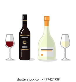 Bottles of red and white wine with glasses icons set. Beverages and alcohol drinks topic.