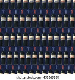 A lot of bottles of red and white wine on dark blue background, seamless pattern