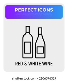 Bottles with red and white wine thin line icon. Modern vector illustration.