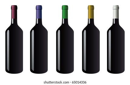 bottles of red wine with colored caps