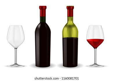 Bottles of red wine with glass. Vector 3d illustration isolated on white background