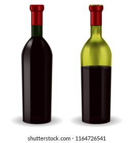 Bottles of red wine. Half full and full. Vector 3d illustration isolated on white background
